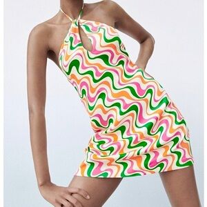 NEW Zara Satin Effect Halter 70’s Swirl Mini Dress SM NWT